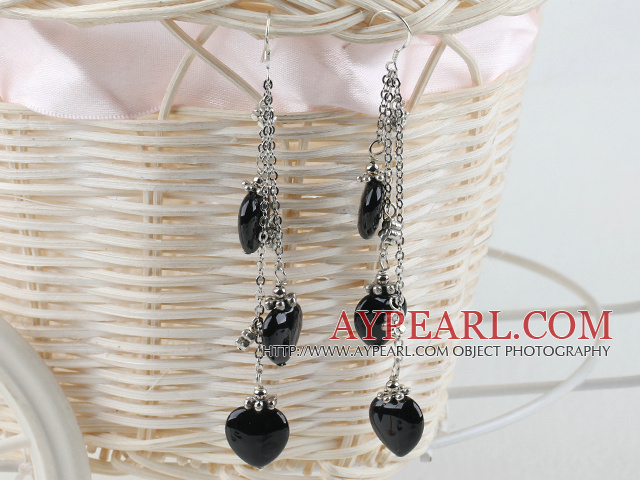 3 en ​​forme de cœur cordon noir à long dangle boucles d'oreilles en agate