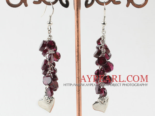 grenat rond et plat et accessoires coeur dangle longues boucles d'oreilles