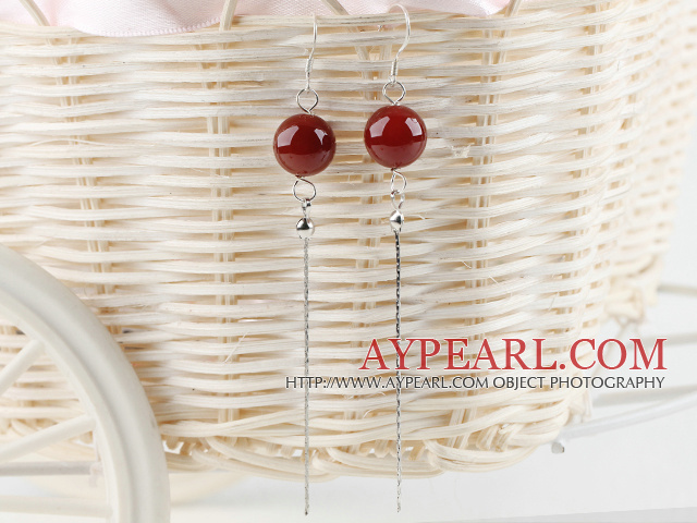 Fashion 12Mm Round Red Agate And Long Tail Dangle Earrings With Fish Hook