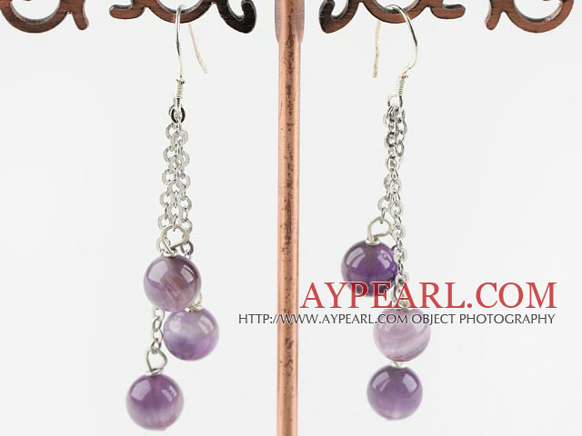 Lovely Long Chain Loope Style Natural Round Amethyst Ball Dangle Earrings