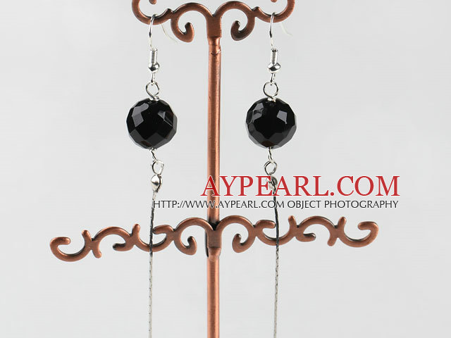 dangling style 12mm faceted black agate ball earrings