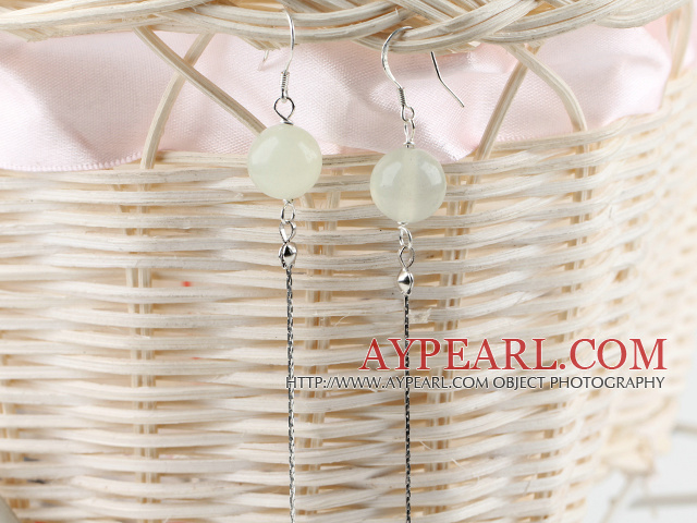 Lovely Long Simple Style 12Mm Jade Ball Dangle Earrings With Fish Hook