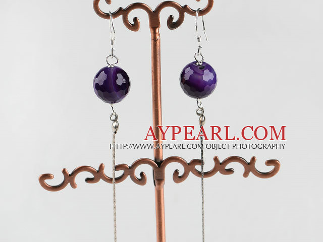 dangling style 12mm faceted purple agate ball earrings
