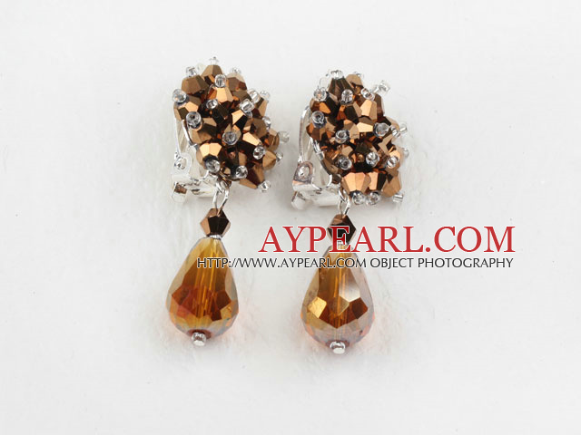 Big Style Amber Color Faceted Drop Crystal Clip Earrings