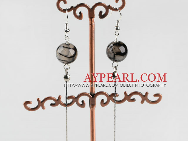 dangling style 12mm faceted serpentine agate ball earrings