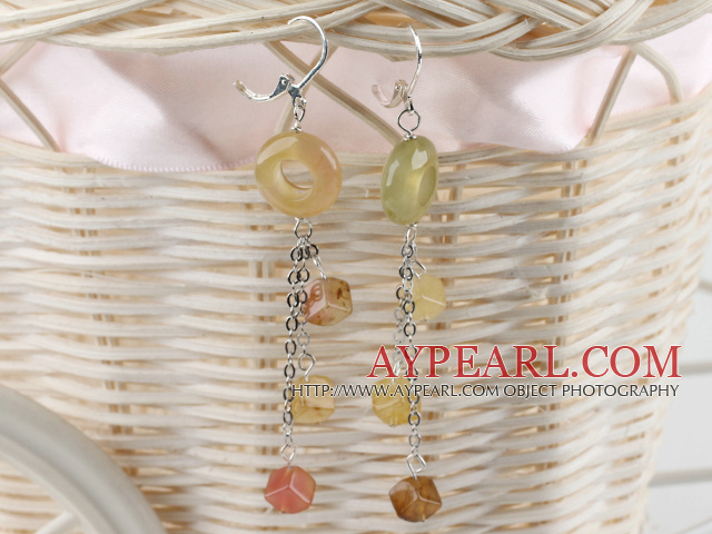 Fashion Donut And Cubic Three Color Jade Loop Dangle Earrings With Ear Hoops