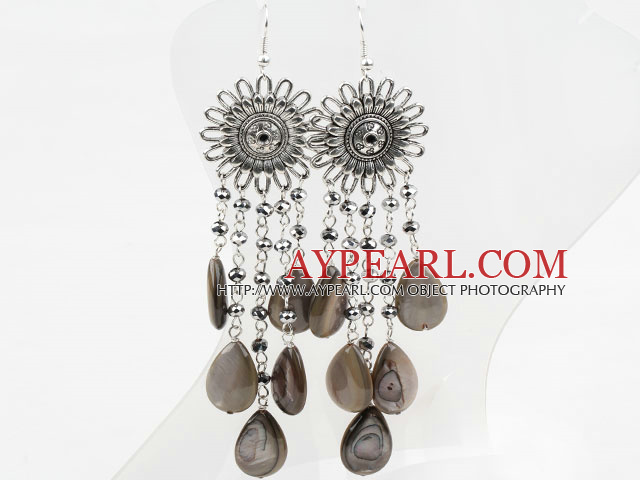 New Design Gray Crystal and Shell Long Style Earrings