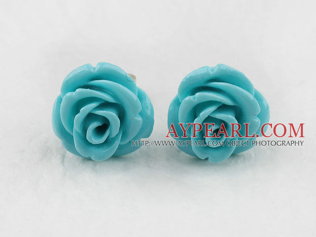 Elegant 8*10Mm Blue Turquoise Color Rose Flower Studs Earrings