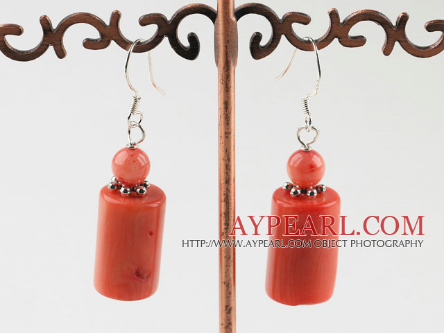 Fashion Cylinder Shape Red Coral Earrings With Fish Hook