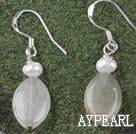 Lovely White Freshwater Pearl And Serpentine Jade Dangle Earrings With Fish Hook