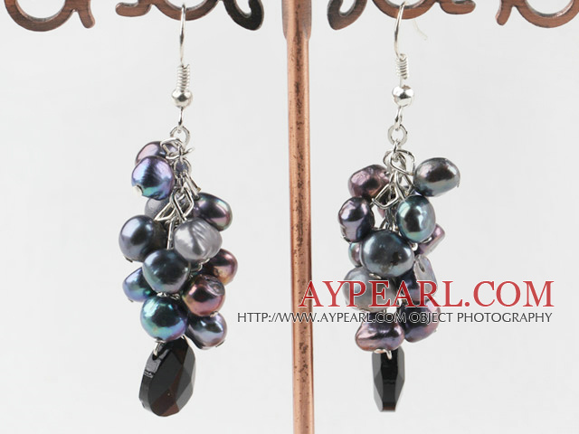 Classic Cluster Style Blackish Grey Freshwater Pearl And Black Teardrop Crystal Dangle Earrings