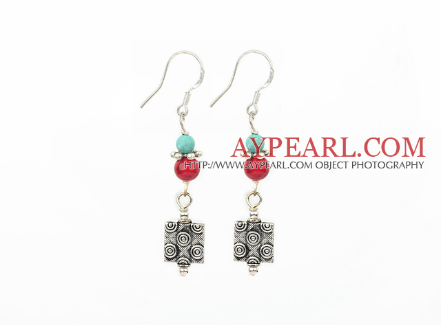 Lovely Short Style Round Blue Turquoise And Bloodstone Square Charm Earrings