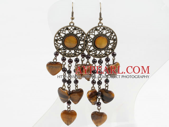 Garnet Vintage Style et Coeur Boucles d'oreilles forme d'oeil de tigre longues