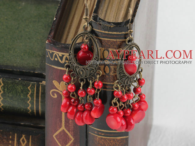 Lovely Vintage Red Bloodstone And Coral Dangle Earring With Loop Bronze Charm And Silver Fish Hook