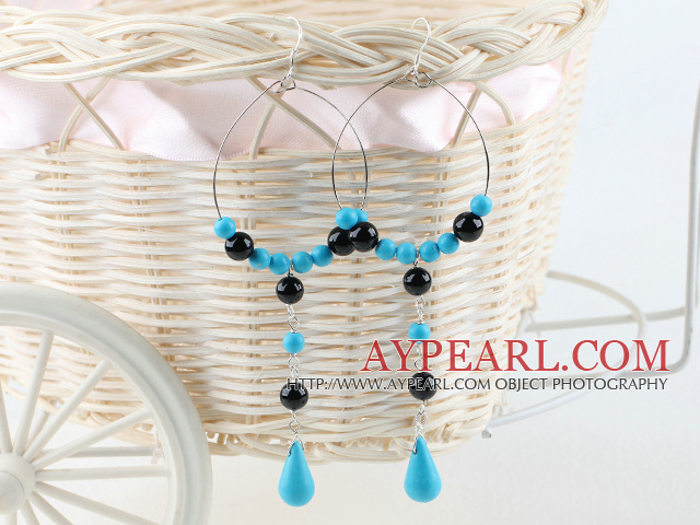 Large Diameter Loops Round And Teardrop Blue Turquoise And Black Agate Dangle Earrings