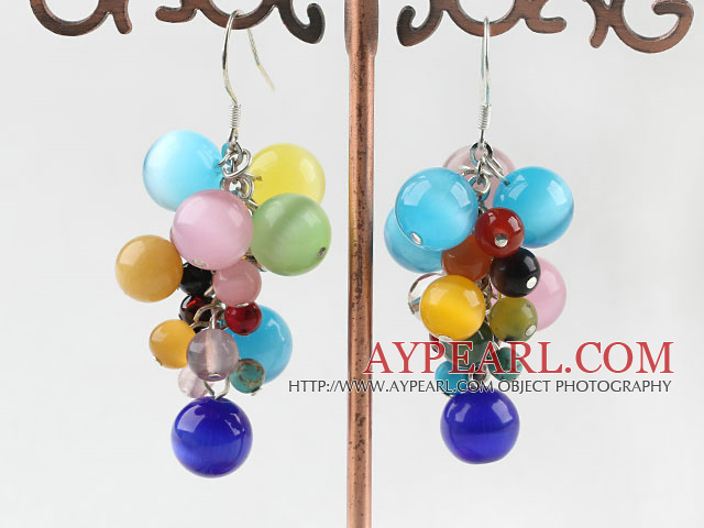 Lovely Multi Color Multi Round Stone Cluster Dangle Earrings With Fish Hook