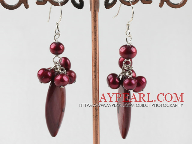 Fashion Red Freshwater Pearl And Eye Shape Shell Cluster Earrings With Fish Hook