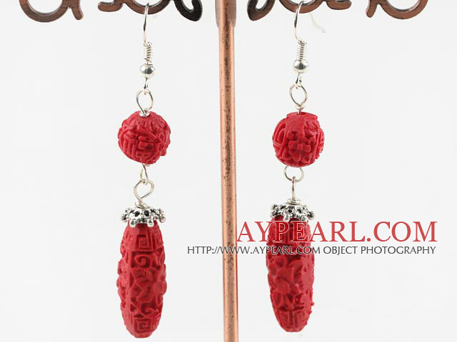 Fashion Red Engraved Flower Cinnaba Dangle Earrings With Fish Hook