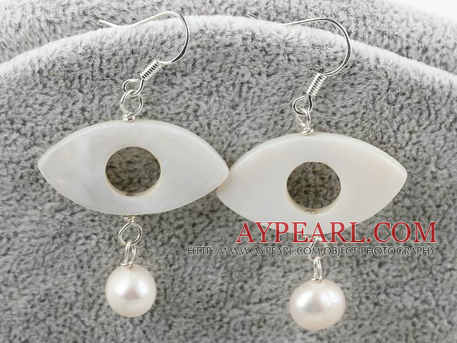 Lovely White Series Round Seashell Beads And Eye Shape Shell Dangle Earrings With Fish Hook