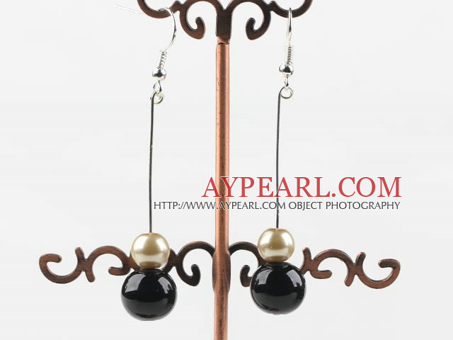 dangling gold champagne and black acrylic ball earrings