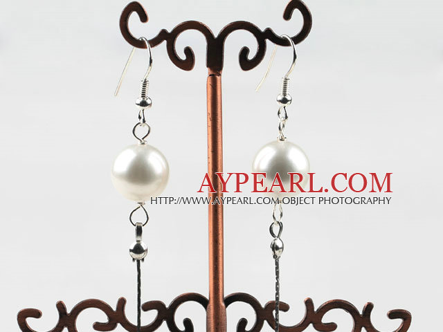 Dangle style white round seashell earrings with long tail