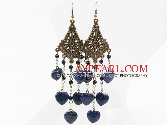 Vintage Style agate noire et en forme de coeur Lapis Boucles d'oreilles longues