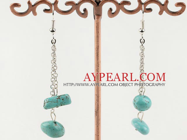 Fashion Long Style Link-Chain Turquoise Dangle Earrings With Fish Hook