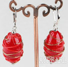 Lovely Turbinate Shape Red Colored Glaze And Golden Wraped Dangle Earrings With Ear Hoops