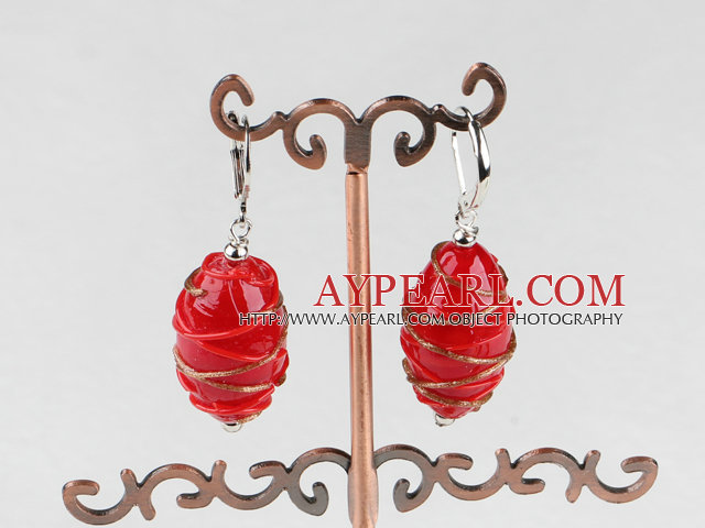 Lovely Turbinate Shape Red Colored Glaze And Golden Wraped Dangle Earrings With Ear Hoops