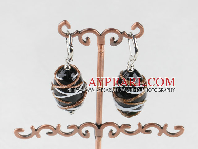Lovely Simple Style Black Colored Glaze Wrapped Dangle Earrings With Lever Back Hook