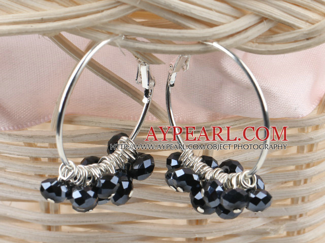 trendy manmade black faceted crystal hoop earrings