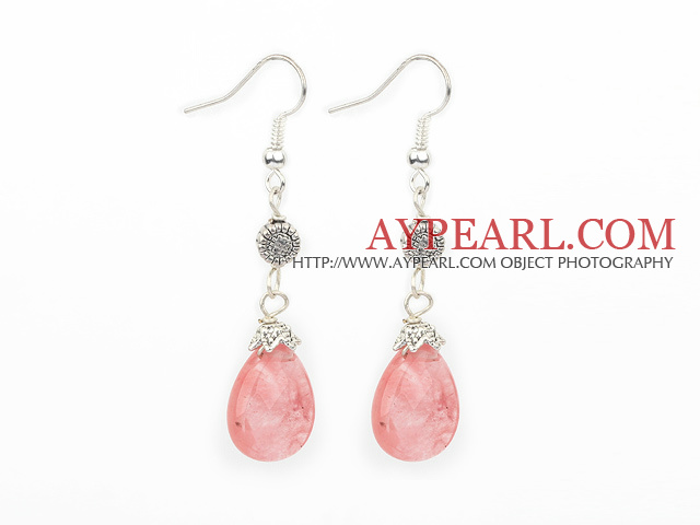 Lovely Short Style Drop Shape Cherry Quartz And Flower Metal Charm Earrings With Fish Hook