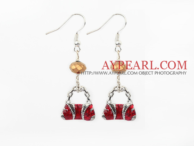 Fashion Red Colored Glaze And Silver Charm Handbag Loop Earrings With Fish Hook