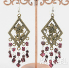 Vintage Garnet Dangle Earrings With Bronze Charm