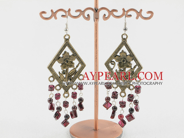 Vintage Garnet Dangle Earrings With Bronze Charm