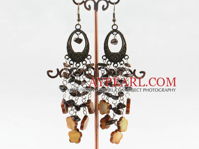 Fashion Long Style Chips Tiger Eye And Golden Brown Flower Shell Dangle Earrings With Loop Brownz Charm