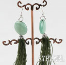 Beautiful Flat Round Aventurine Jade And Threads Long Tassel Earrings