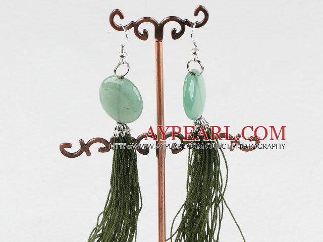 Beautiful Flat Round Aventurine Jade And Threads Long Tassel Earrings