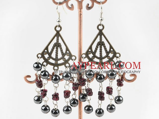 Vintage Abacus Garnet And Hematite Dangle Earrings With Bronze Charm Fish Hook