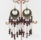 Fashion Long Style Vintage Garnet And Rose Quartz Dangle Earrings With Loop Bronze Charm