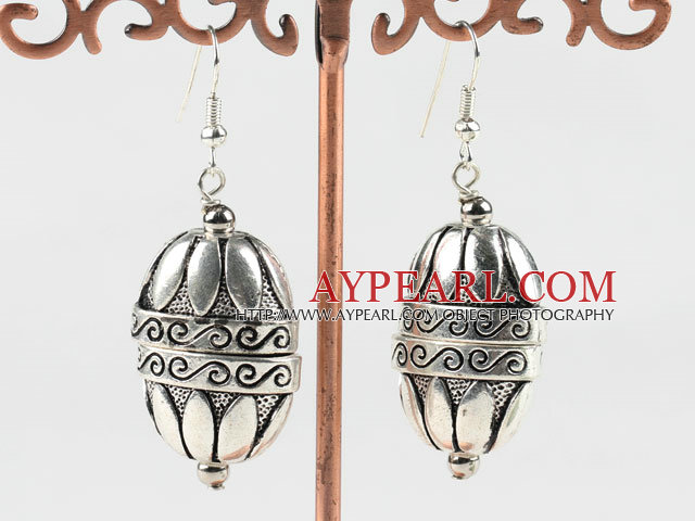 Lovely 20*35 Mm Engraved Ccb Silver Like Dangle Earrings With Fish Hook
