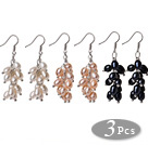 3 Pairs Fashion Style Cluster Shape Natural White Pink And Black Pearl Dangle Earrings
