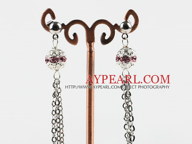 dangling style pink color rhinestone long earrings