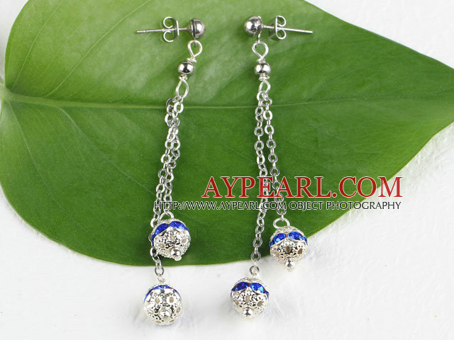 dangling style blue color rhinestone long earrings