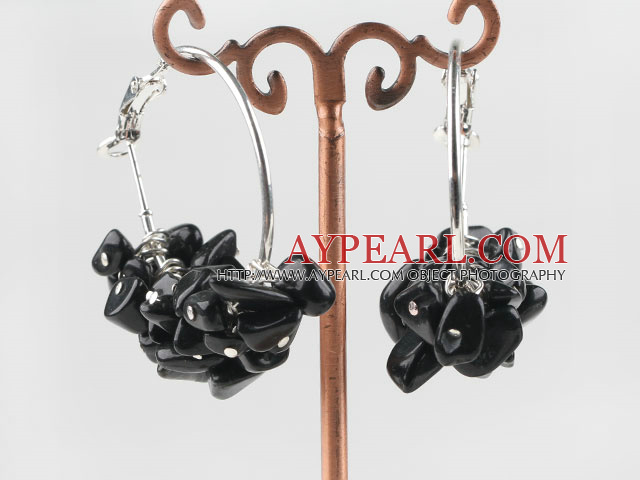 Fashion Carved 6-7Mm Black Obsidian Chips Dangle Earrings With Large Ear Hoops
