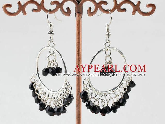 Fashion Large Loops 4Mm Black Crystal Dangle Earrings With Fish Hook