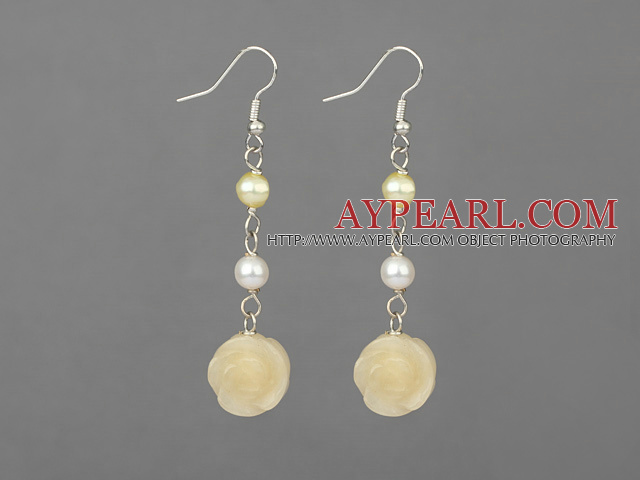 pearl and yellow jade carved flower earrings