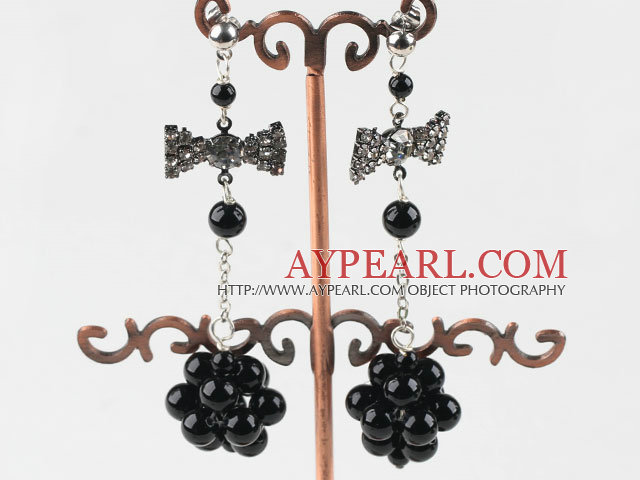 dangling black agate stone earrings with butterfly tie shape rhinestone