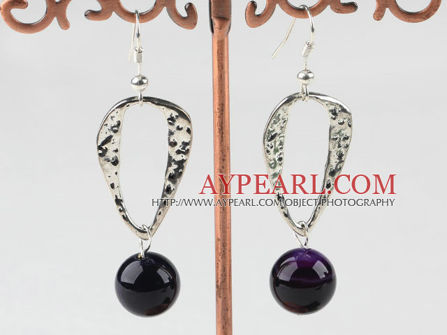Fashion 14Mm Round Purple Agate Ball And Large Loop Charm Dangle Earrings