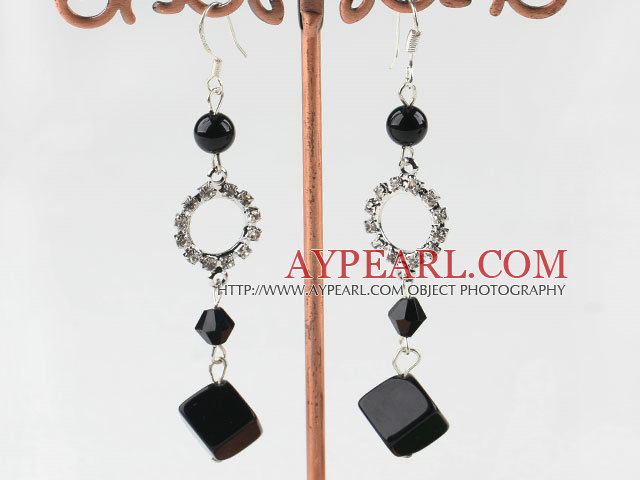 pendantes boucles d'oreilles noires pierre d'agate avec strass